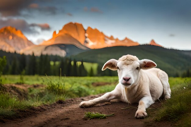 eine Ziege, die im Gras liegt, mit Bergen im Hintergrund.
