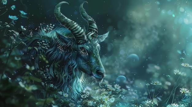 eine Ziege mit Hörnern ist von Wasser umgeben und die Worte wilde Tiere