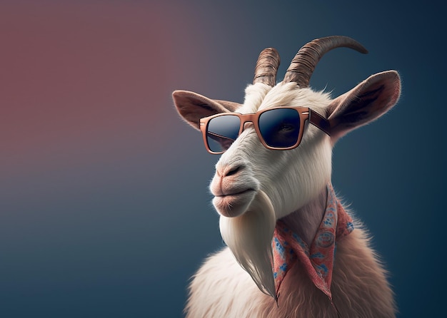 Eine Ziege mit Sonnenbrille und einem Schal mit dem Wort „Ziege“ darauf.