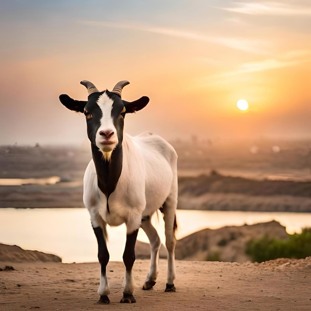 Eine Ziege steht bei Sonnenuntergang auf einem Feldweg.