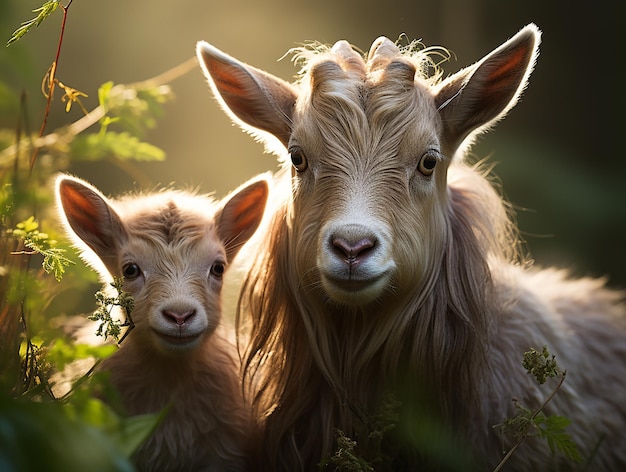 Eine Ziege und ihr Baby stehen im Wald