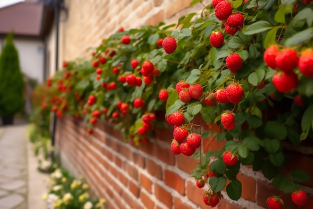 Eine Ziegelwand mit einem Strauß roter Beeren darauf