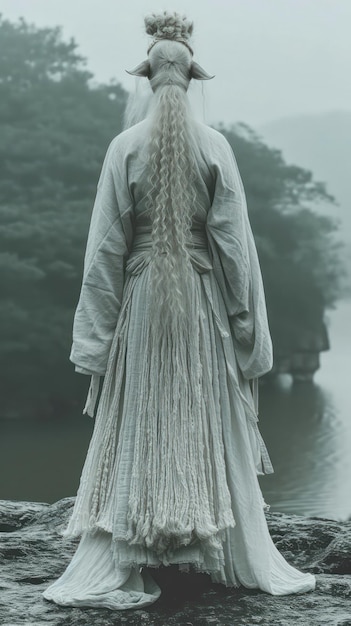 Eine Ziegendame, die ein langes chinesisches Hanfu-Kleid trägt