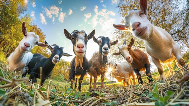 Eine Ziegenherde steht anmutig auf einem üppigen, mit Gras bedeckten Feld und zeigt ihre natürliche Schönheit und ihre Einheit in der Bewegung