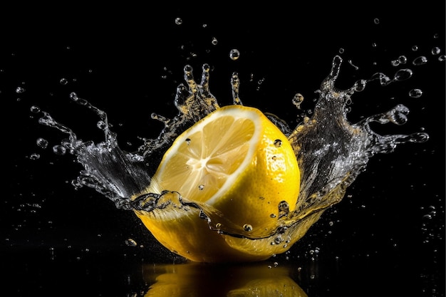 Eine Zitrone, die im Wasser mit schwarzem Hintergrund spritzt