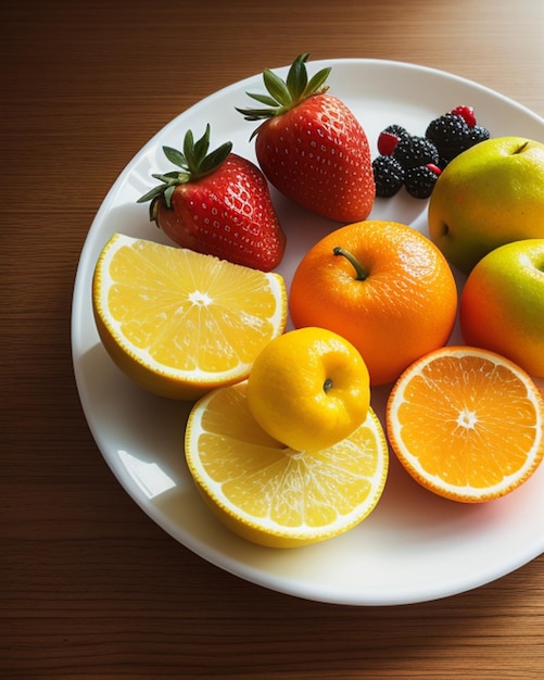 Eine Zitrone liegt auf einem Teller mit einer Erdbeere und einer Erdbeere.