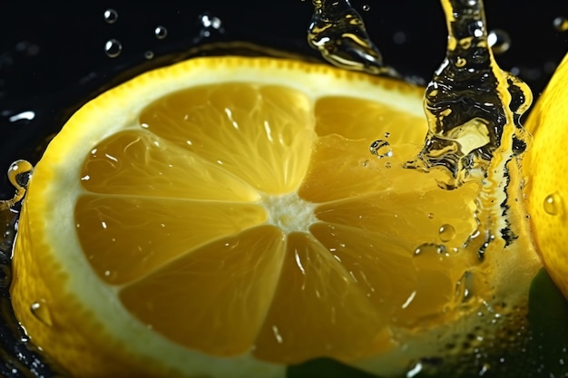 Eine Zitrone wird in ein Glas Wasser gegossen.