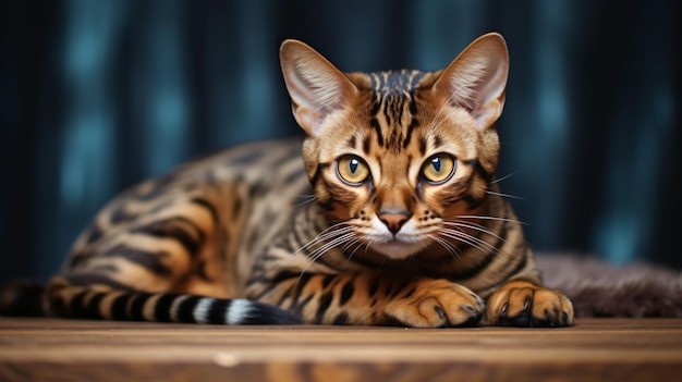 Eine zufriedene Bengalkatze liegt auf den Kuppeln im Hintergrund