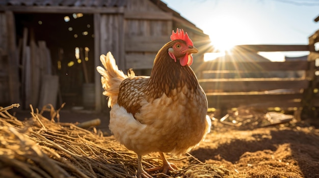 Eine zufriedene Henne in einem rustikalen Bauernhof