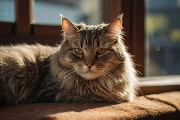 Eine zufriedene Katze, die sich in einem sonnigen Fenster entspannt