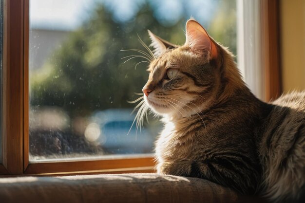 Eine zufriedene Katze, die sich in einem sonnigen Fenster entspannt