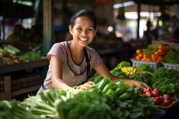 Eine zufriedene, lächelnde asiatische Frau verkauft frisches Obst und Gemüse hinter ihrem Marktstand und fördert gesunde Essgewohnheiten