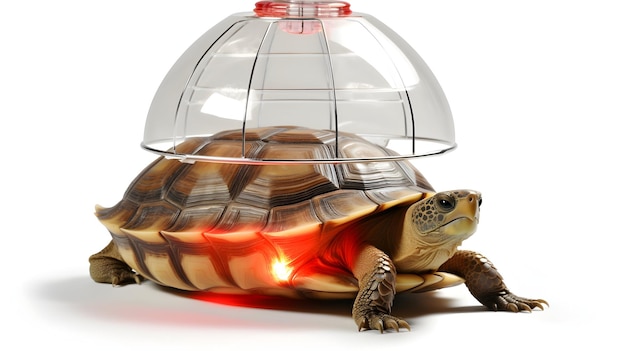 Eine zufriedene Schildkröte, die sich unter einer Heizlampe sonnt