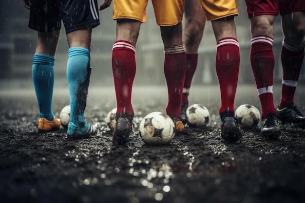 Foto eine zusammenhängende gruppe von fußballspielern, die nebeneinander stehen und sich auf das spiel vorbereiten die beine eines fußballmannschafts, das fußball spielt, werden von ki generiert.