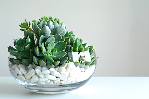 Eine Zusammensetzung aus grünen Sukkulenten und weißen Steinen, die in einer Glasschüssel auf einem weißen Tisch angeordnet sind