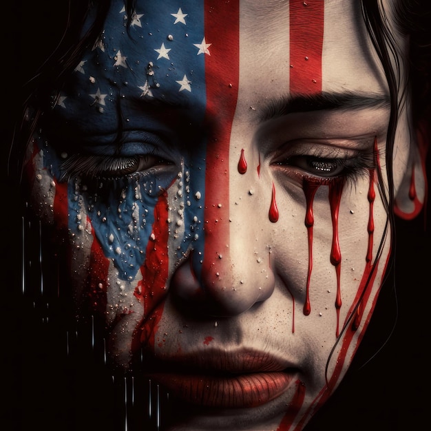 Einer Frau mit der amerikanischen Flagge im Gesicht tropft Blut über ihr Gesicht.