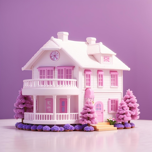 Einfach Design mit Miniatur weißes Spielzeughaus isoliert auf weiß violett rosa pastellfarbenes trendy ge