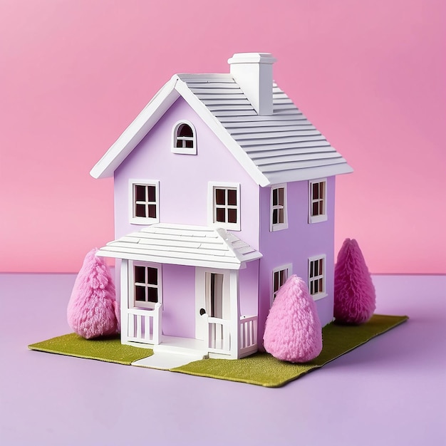 Einfach Design mit Miniatur weißes Spielzeughaus isoliert auf weiß violett rosa pastellfarbenes trendy ge