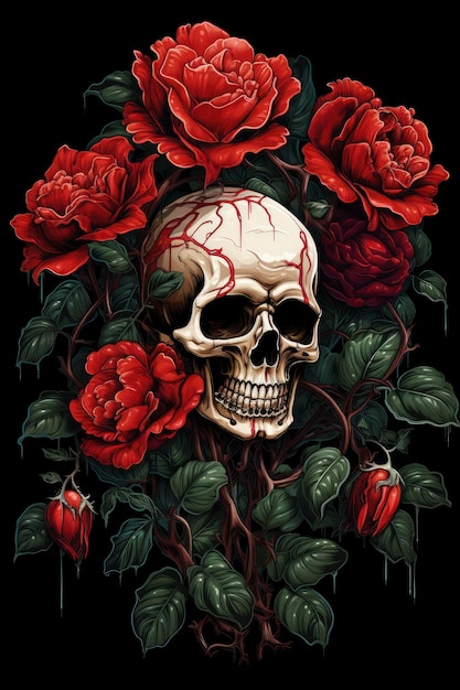 Einfach ein Skelett mit zwei roten Rosen auf schwarzem Hintergrund