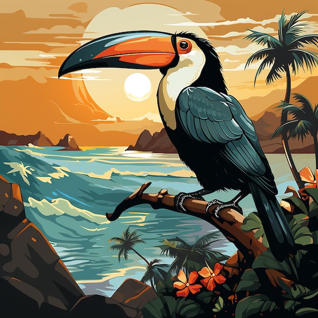 Einfache Darstellung eines Toucans, der in flachem Stil auf einem Zweig sitzt