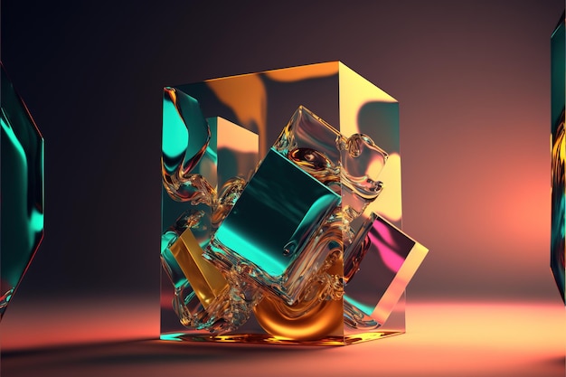 Einfache Glasfiguren Gefrorene mehrfarbige Flüssigkeit Verlaufslicht Luxuriöser abstrakter Hintergrund 3D-Rendering Generative KI