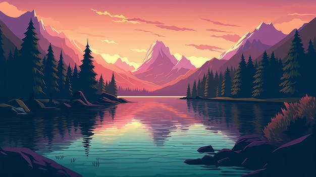 Einfache Illustration von Tal-Szene mit Bergen, See und Tr