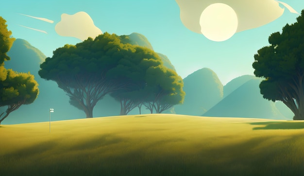 Foto einfache landschaftsillustration, ein grünes feld und bäume und ein heller himmel im hintergrund