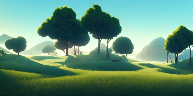 Einfache Landschaftsillustration, ein grünes Feld und Bäume und ein heller Himmel im Hintergrund