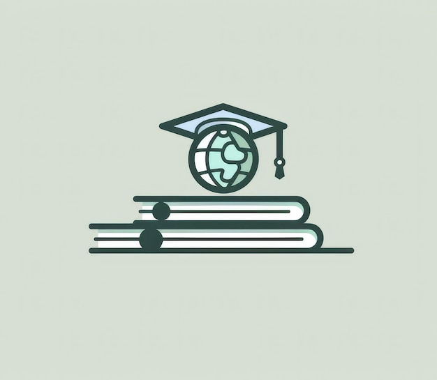 Einfache Linienkunst einer Ikone, die Bücher und einen Abschlusshut mit einem Globus auf hellgrünem Hintergrund enthält