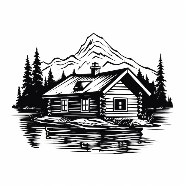 Einfache Schwarz-Weiß-Hütte-Illustration auf dem See im Stencil-Art-Stil