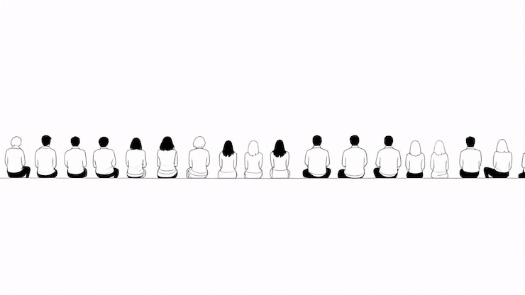 Foto einfache schwarz-weiße zeichnung von 14 leuten, die mit dem rücken zu sich gedreht sitzen