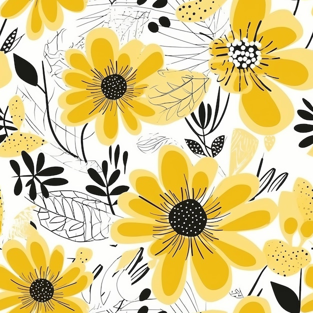 Einfache und dekorative handgezeichnete gelbe Blumen in einem floralen, nahtlosen Muster im skandinavischen Stil der KI-Generation