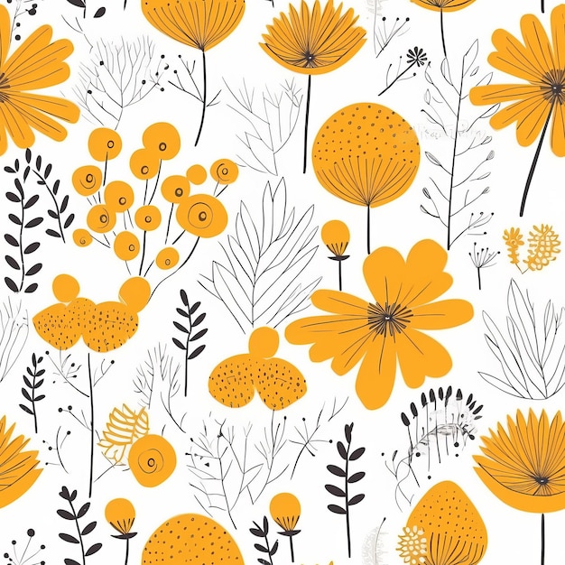 Einfache und dekorative handgezeichnete gelbe Blumen in einem floralen, nahtlosen Muster im skandinavischen Stil der KI-Generation