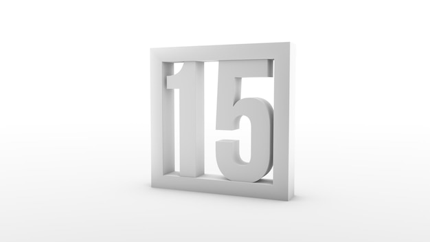 Einfacher minimalistischer Kalender. Tag fünfzehn. Nummer 15 in einem Rahmen. 3D-Rendering, 3D-Darstellung.