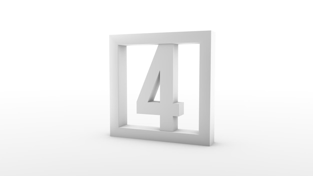Einfacher minimalistischer Kalender. Tag vier. Nummer 4 in einem Rahmen. 3D-Rendering, 3D-Darstellung.