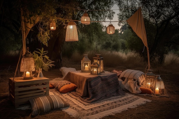 Einfacher und gemütlicher Campingplatz mit Laternen, Decken und Picknickkorb für zwei Personen, erstellt mit generativer KI