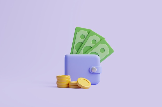 Einfaches blaues Portemonnaie-Symbol mit grünen Dollar-Banknoten und goldenen Münzen auf pastellviolettem Hintergrund 3D