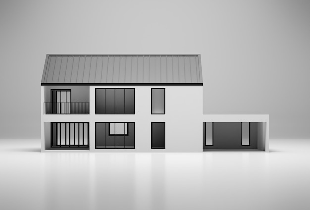 Einfaches Haus auf weißem Boden mit grauem Hintergrund 3D-Darstellung des äußeren Wohngebäudes