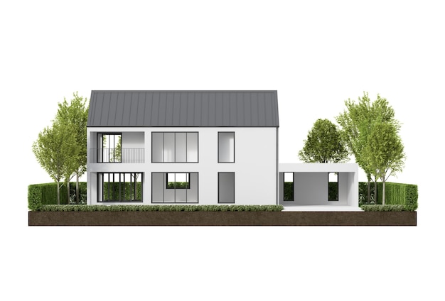 Einfaches neues Haus auf Graspodium mit weißem Hintergrund 3D-Rendering des äußeren Wohngebäudes