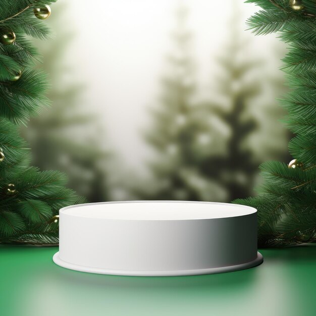 Einfaches rundes Podium mit Tannen im Hintergrund Weihnachtszeit Elegante Szene für Produkt-Kosmetikpräsentation Minimalistisches Mockup Generativer KI-Inhalt