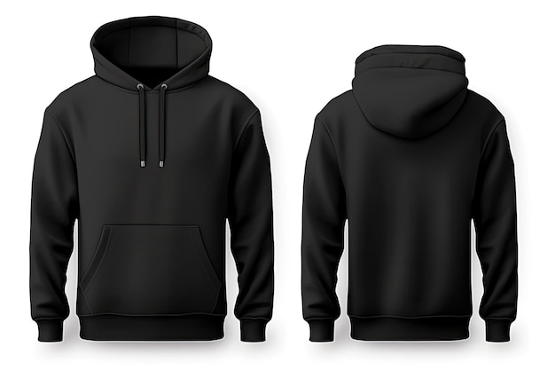 Einfaches schwarzes Hoodie-Modell mit Beschneidungspfad für Druckdesign. Lange Ärmel isoliert auf weißem Hintergrund