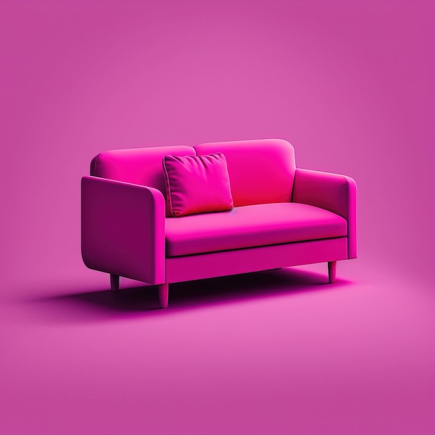 Einfaches Sofa in magentafarbener Farbe minimalistisch isoliert auf lila magentafarbenem Hintergrund