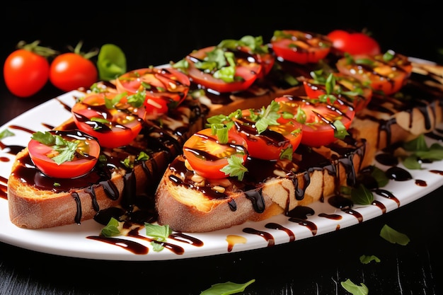 Einfaches Tomaten-Bruschetta mit Balsamico-Glasur, italienisches Rezept, italienisches Essen und Küche