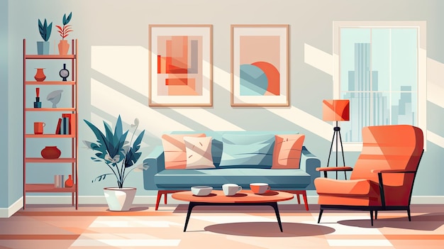 Einfaches Wohnzimmer-Interieur im flachen Illustrationsstil Sofa Regale Kaffeetisch Sessel