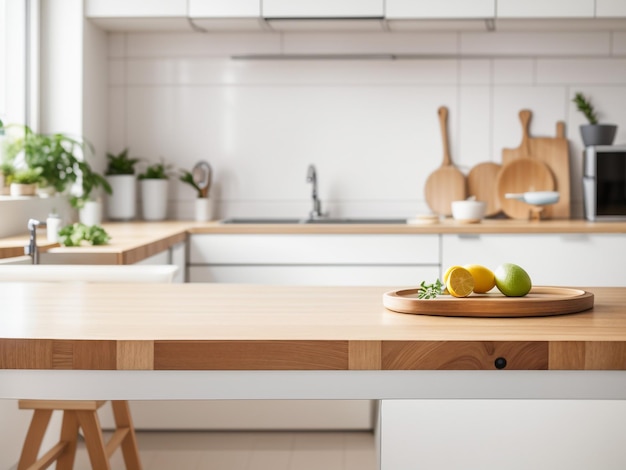 Einfachheit und Eleganz einer hellen, leeren Holztischplatte in einer modernen weißen Küche
