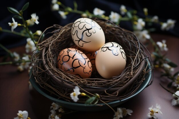 Einfallsreiche Eier, sorgfältig in einem Nest platziert, ein fantasievoller Tischaufsatz