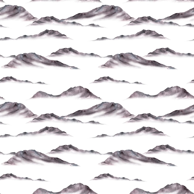 einfarbige Aquarell-Landschaft Bergketten und Hügel Silhouetten Gebirge Gipfel neblige Hügel