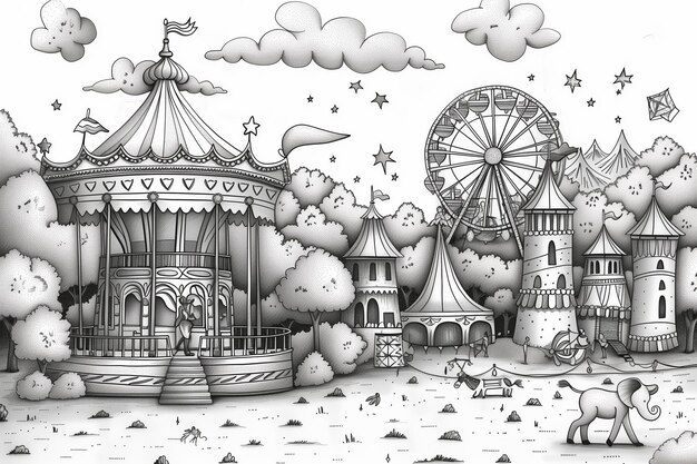 Foto einfarbige illustration eines lebendigen zirkus mit verschiedenen attraktionen und darstellern
