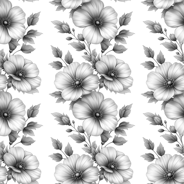 Einfarbige Konturzeichnungen von Blumen mit nahtlosem Muster