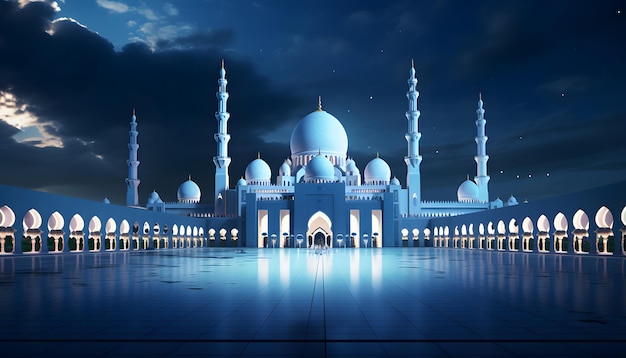 Eingänge geben den Blick auf den hohen Turm einer Moschee inmitten des Glanzes des Ramadan-Mondes frei